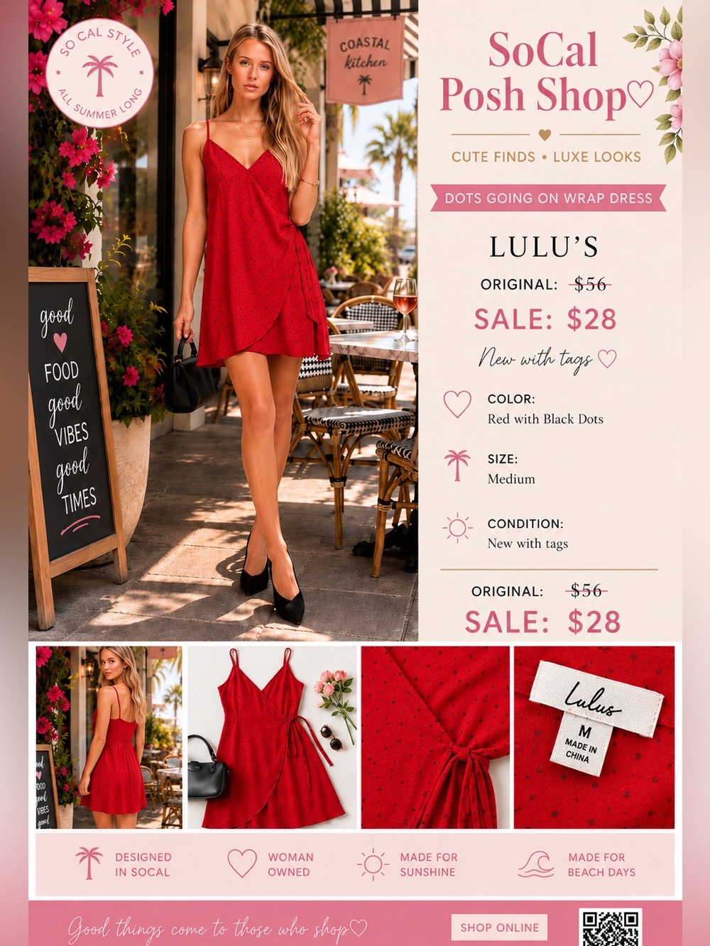 Lulu's Red Wrap Mini Dress with Black Dot Detail NWT Size Medium